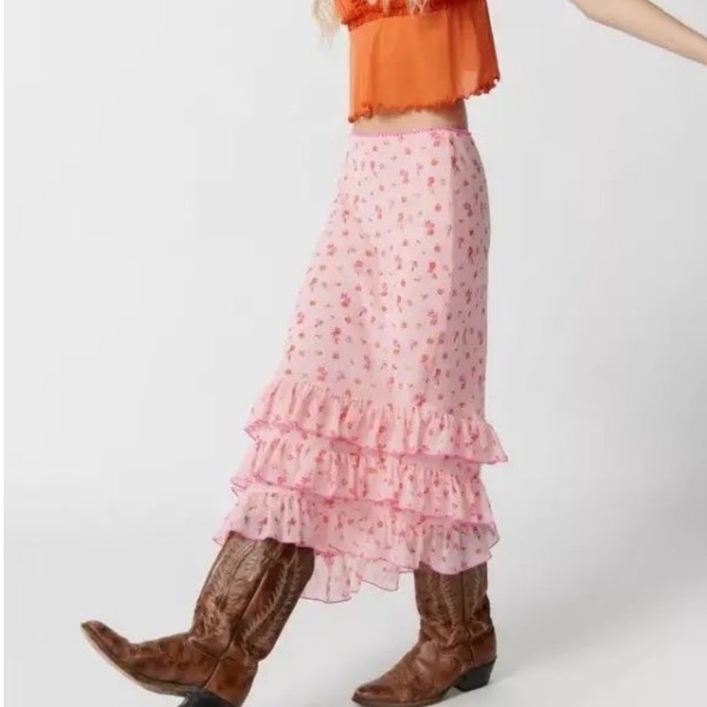 Kimchi Blue Lenora Chiffon Ruffle Midi Skirt Pink Size Small Twee Coquette Girly